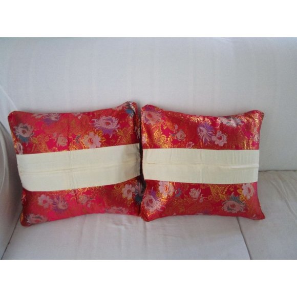 Asian Inspired Raspberry Chrysanthemum Floral Gold Accent Brocade Pillow Covers - Picture 8 of 16